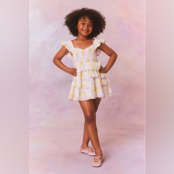 LoveShackFancy Girls Linoette Mixed Print Cotton Dress in SHERBERT SUNRISE 12Y